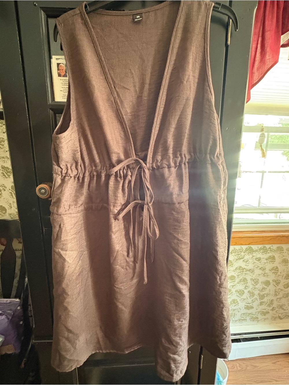 SHEIN Brown Sleeveless V-Neck Tie-Waist Linen Look Dress